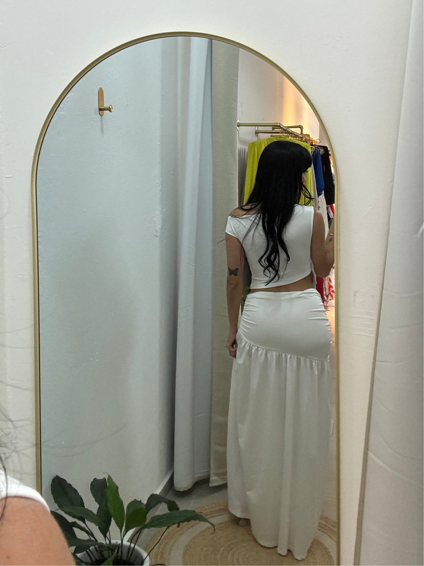 Inclined Shoulder Skirt Sets White