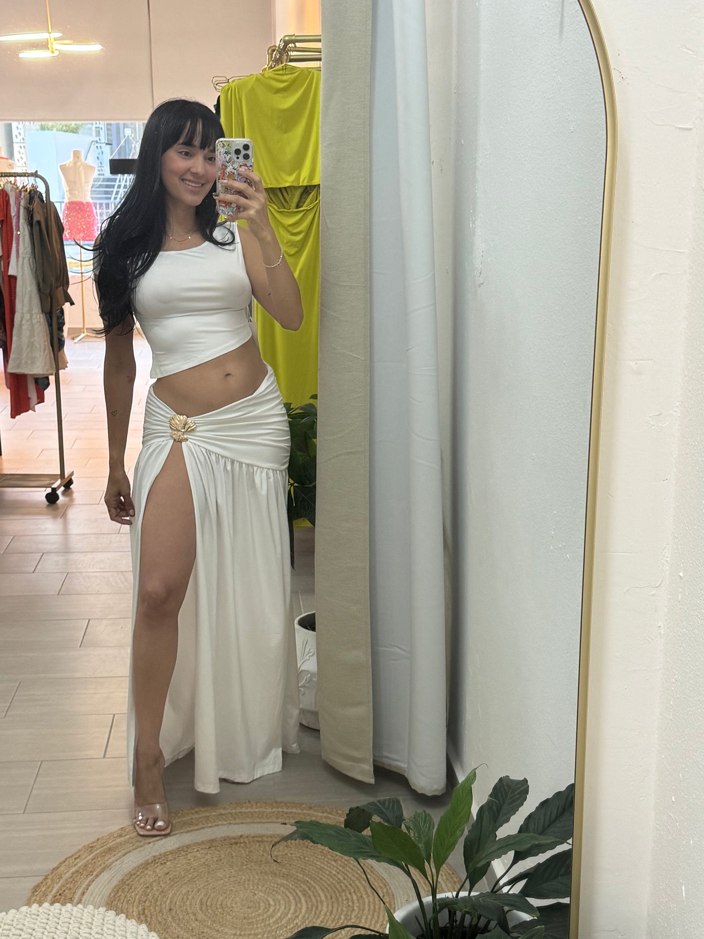 Inclined Shoulder Skirt Sets White