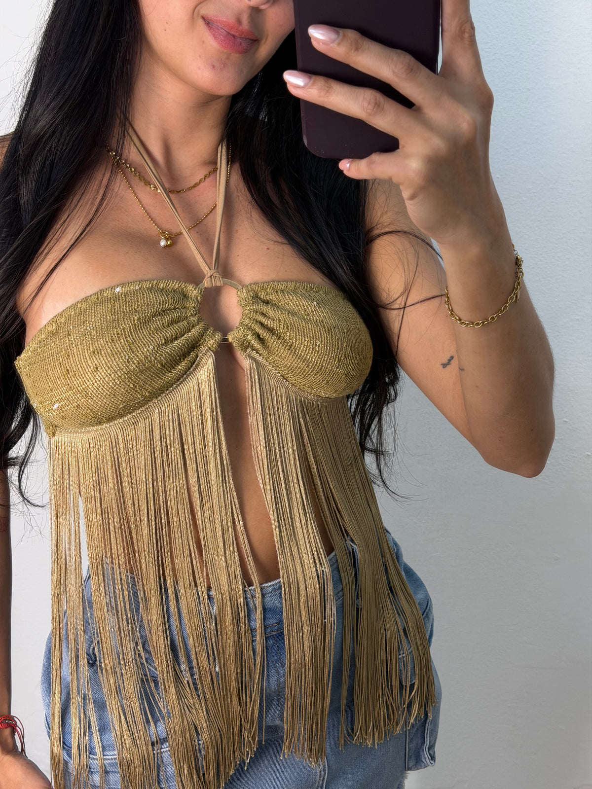 Gold Fringe Halter Top