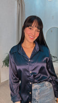 Long Sleeve Satin Shirt Blue