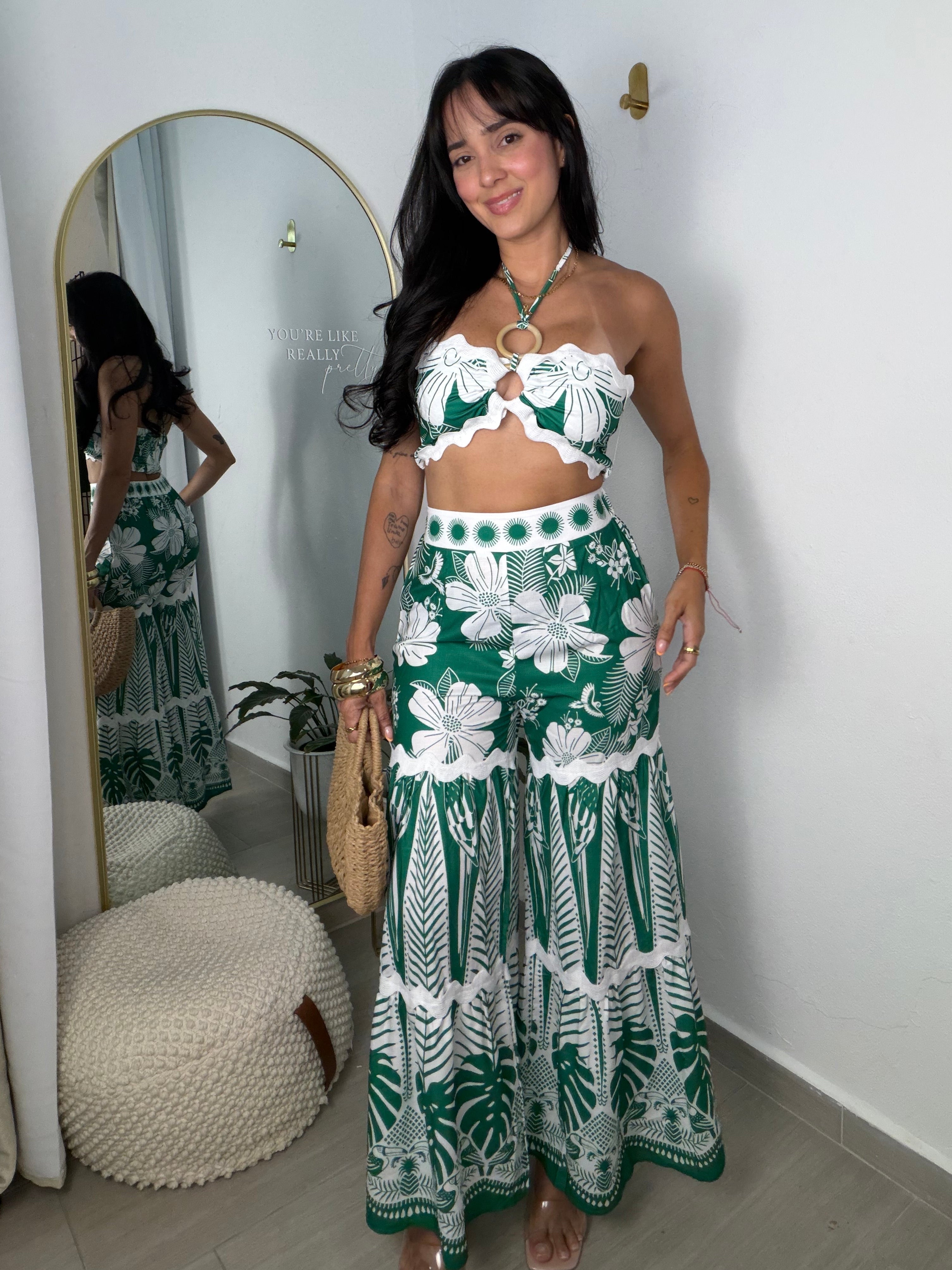 Green Flower Pants Set