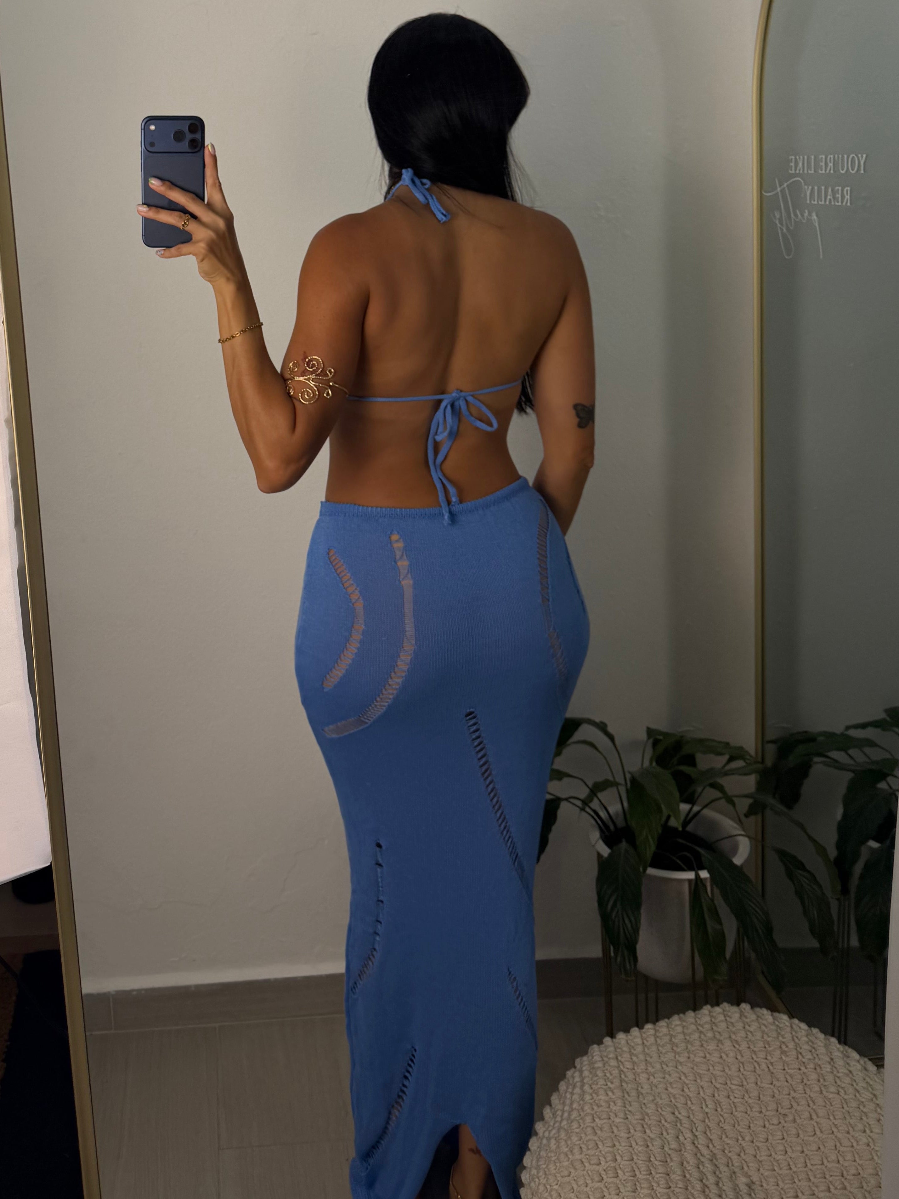 Halter Ruched Skirt Sets Blue