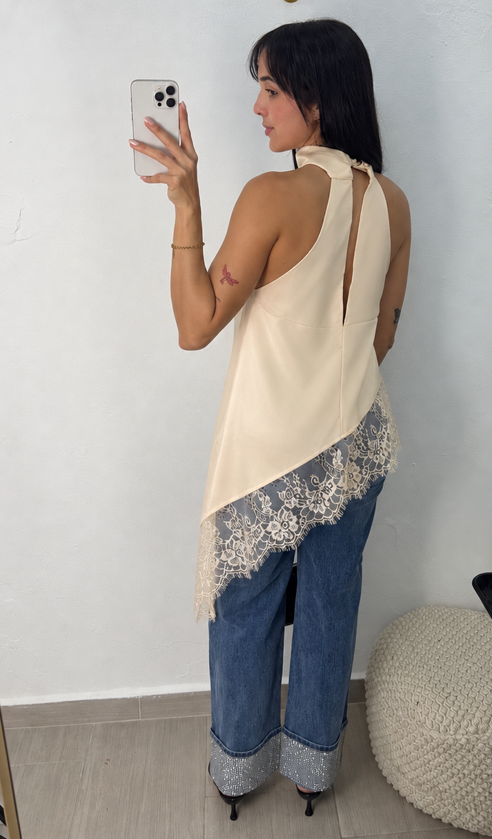 Apricot Lace Detail Halter Top