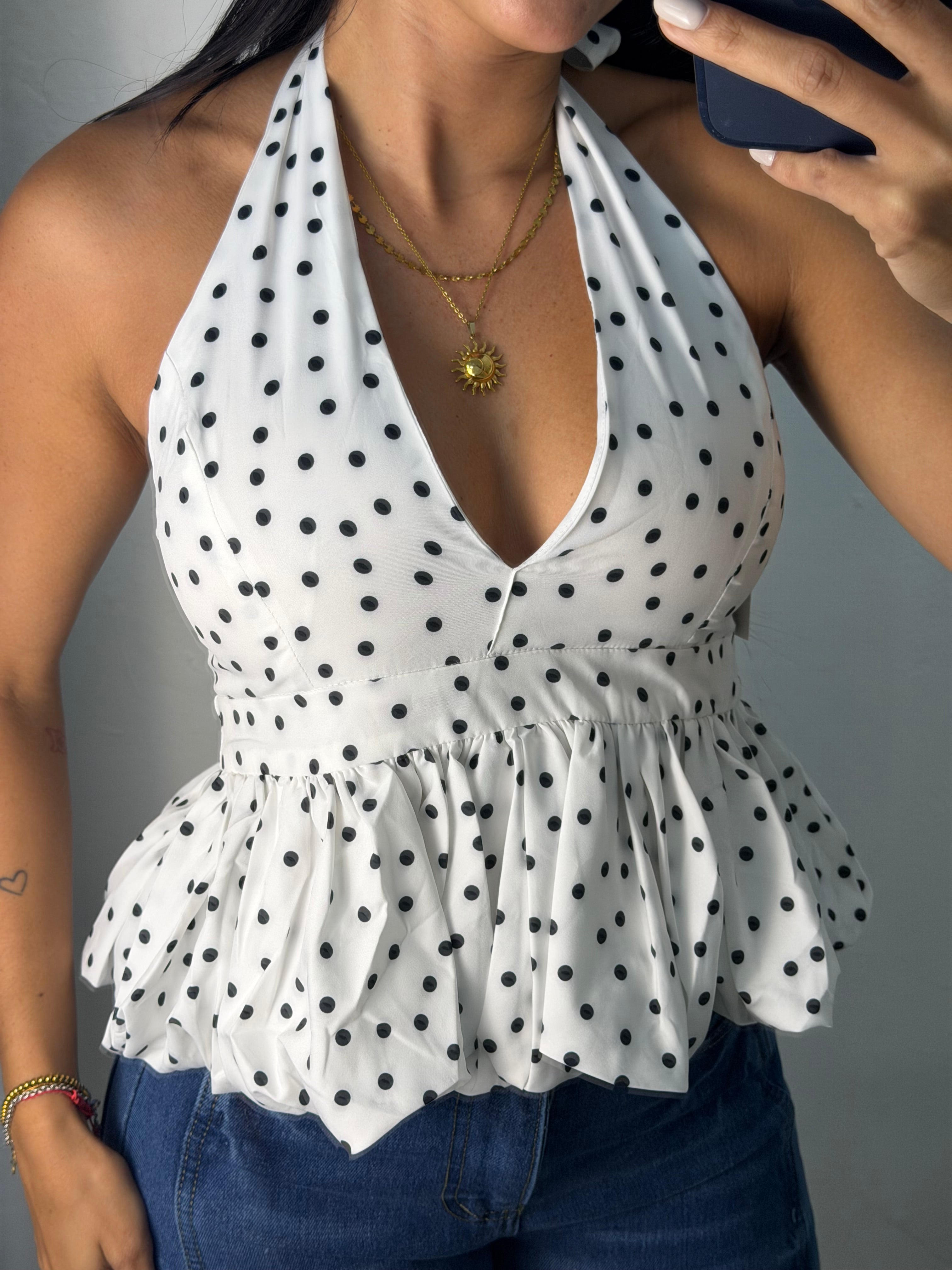White Polka Dot Halter Top