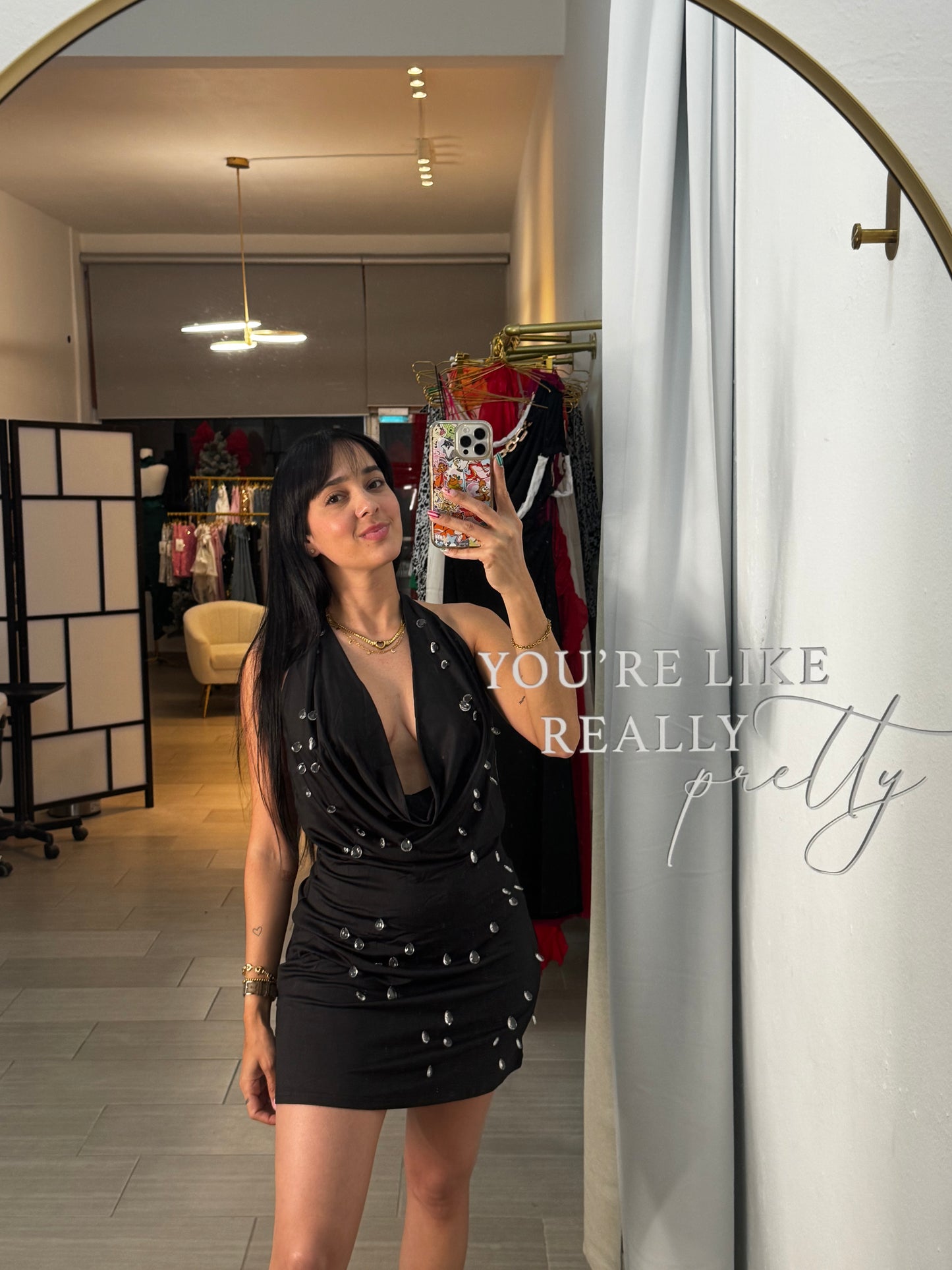 Rhinestones Backless Mini Dress Black