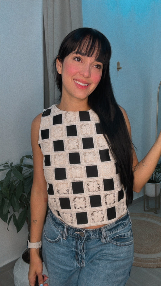 Black Checker Pattern Crochet Blouse