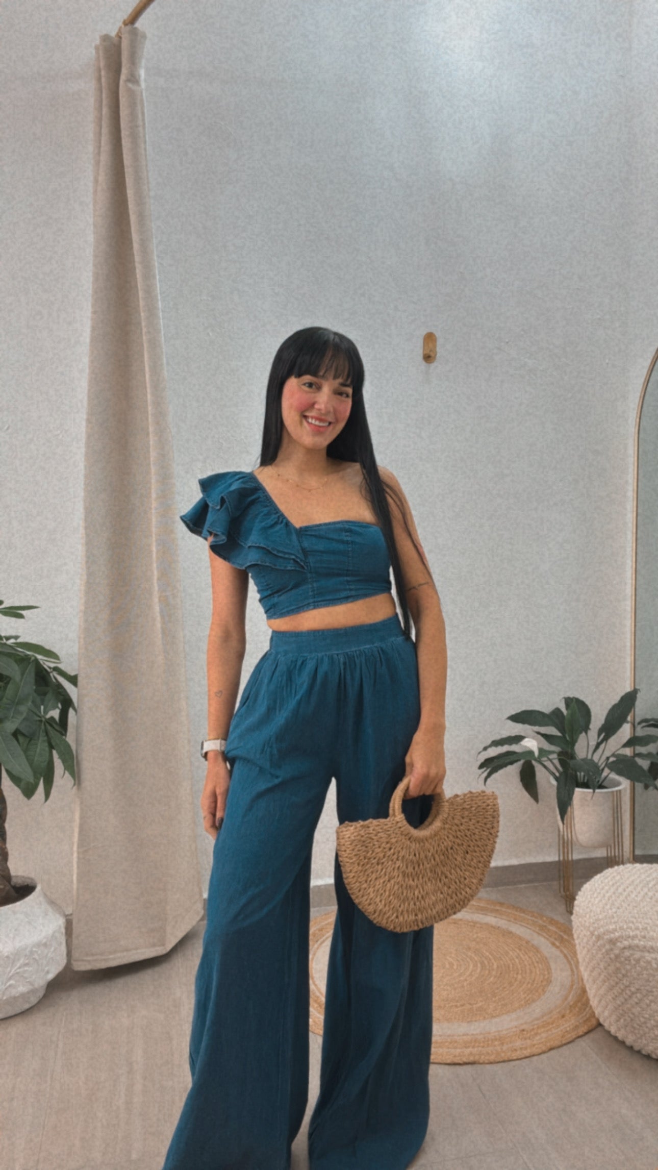 One Shoulder Denim Set