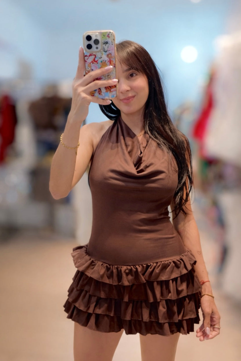 Halter Mini Dress Backless Brown