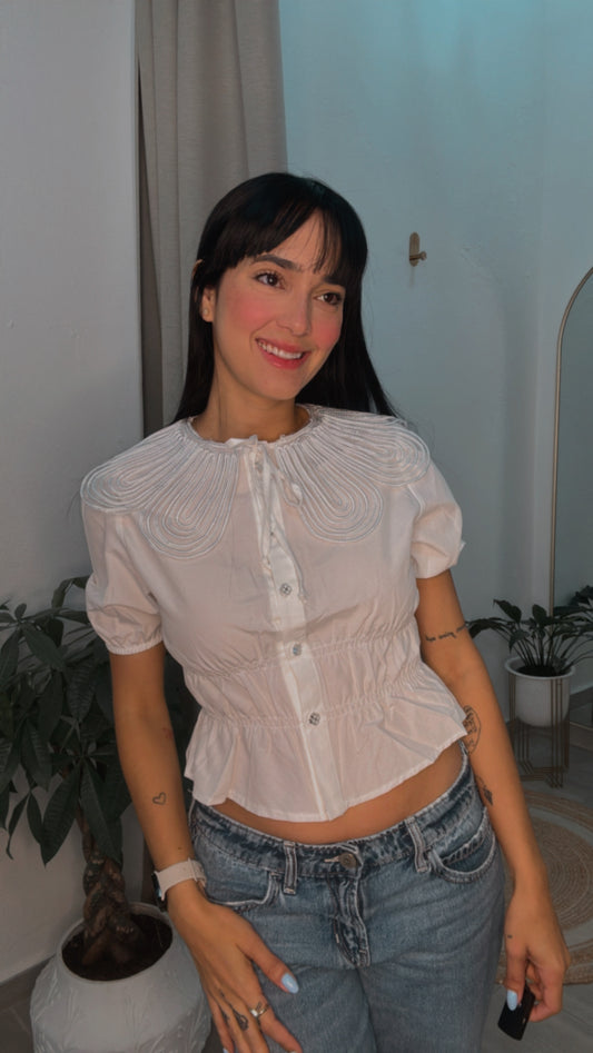 Collar Detailed Riffle Shirt Cream