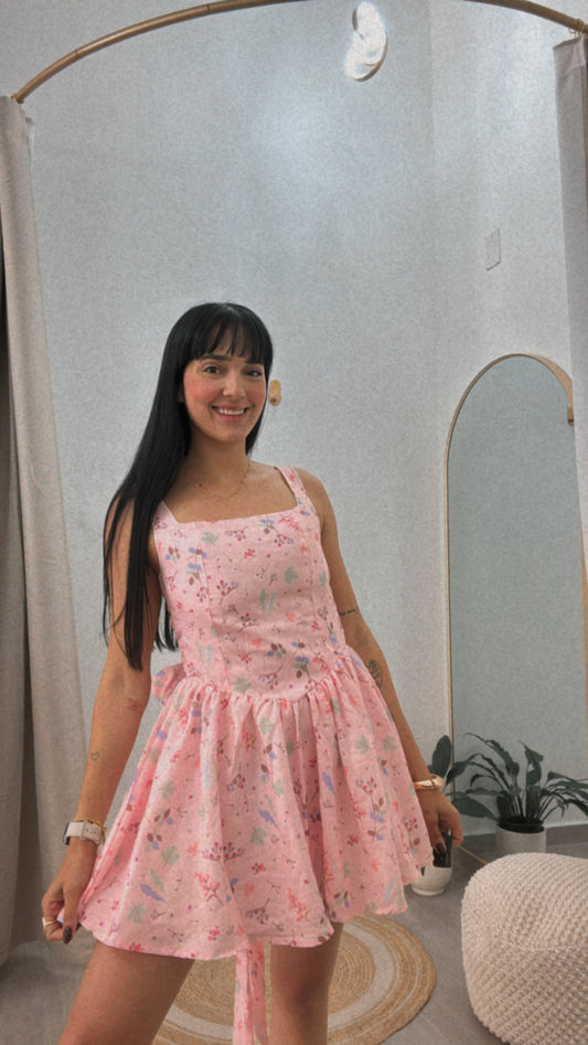 Mini Dress Pink Floral Tie Back