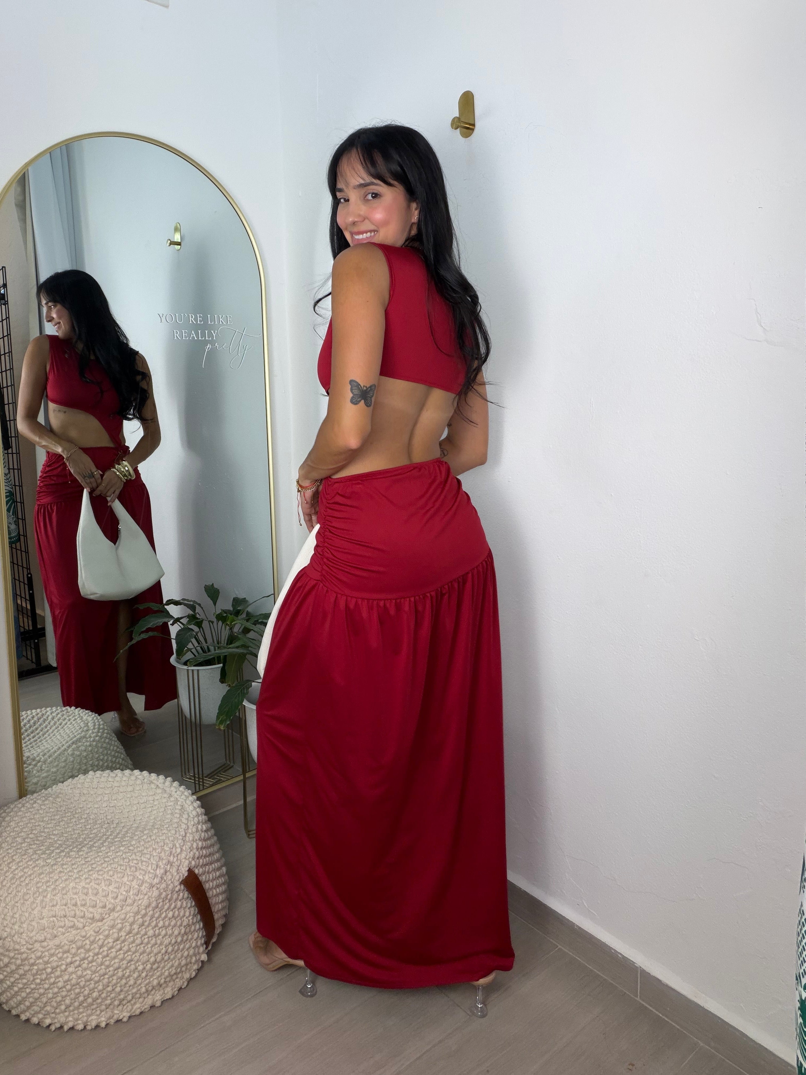 Ruched Hem Maxi Dress Burgundy