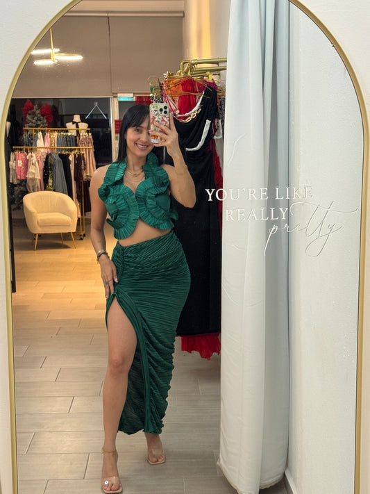 Green Halter Neck Backless Skirt Sets