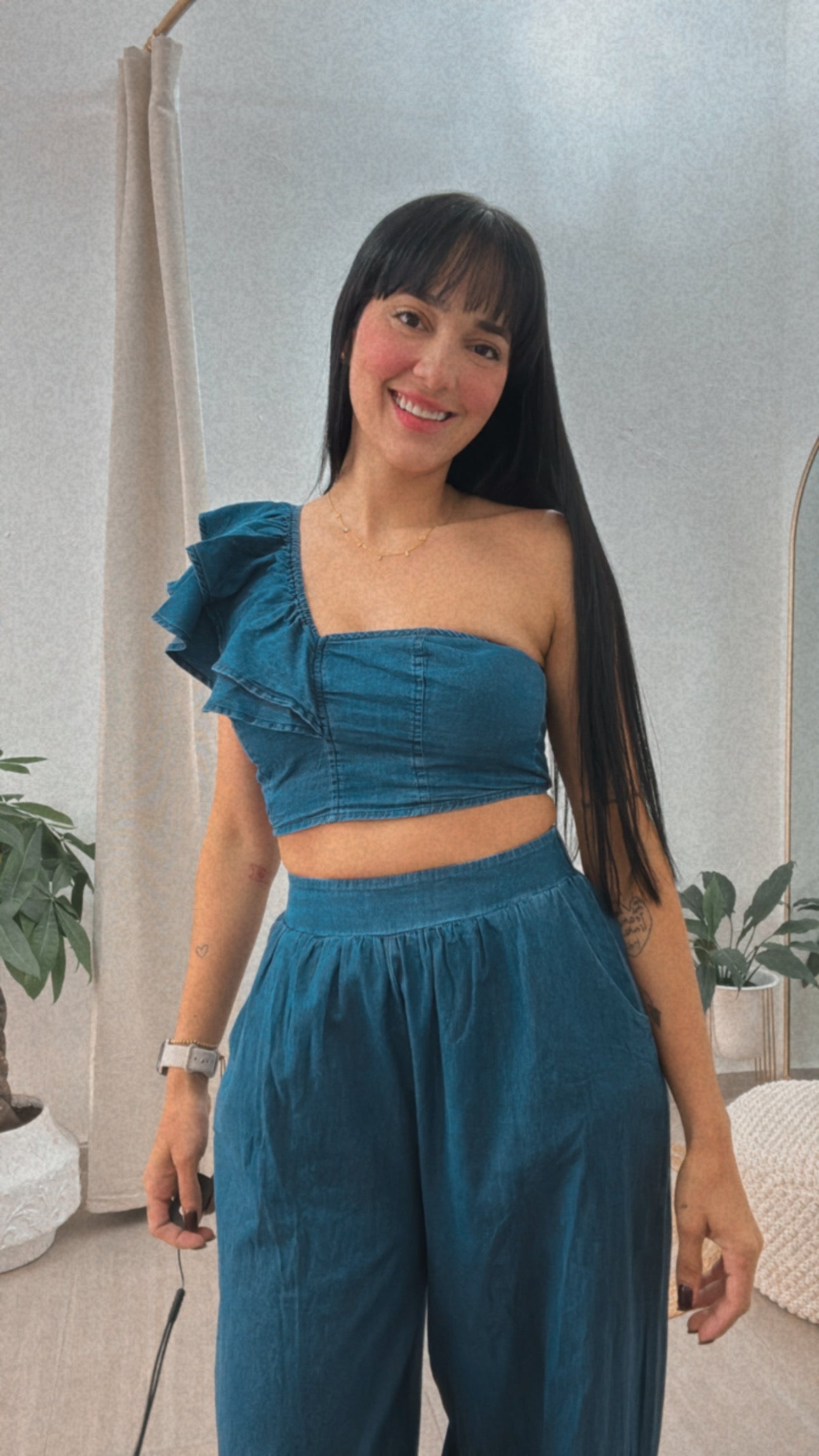 One Shoulder Denim Set