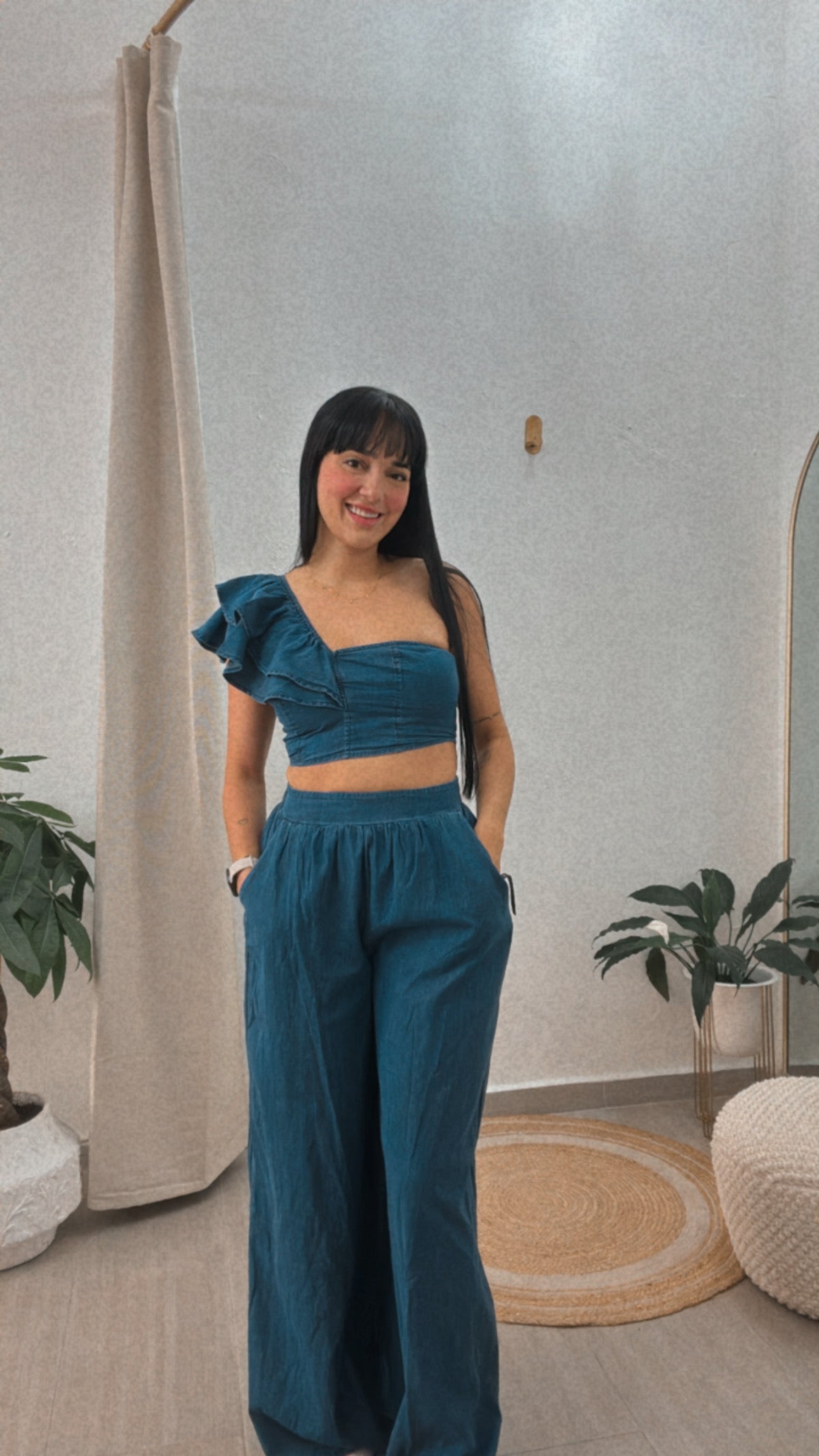 One Shoulder Denim Set