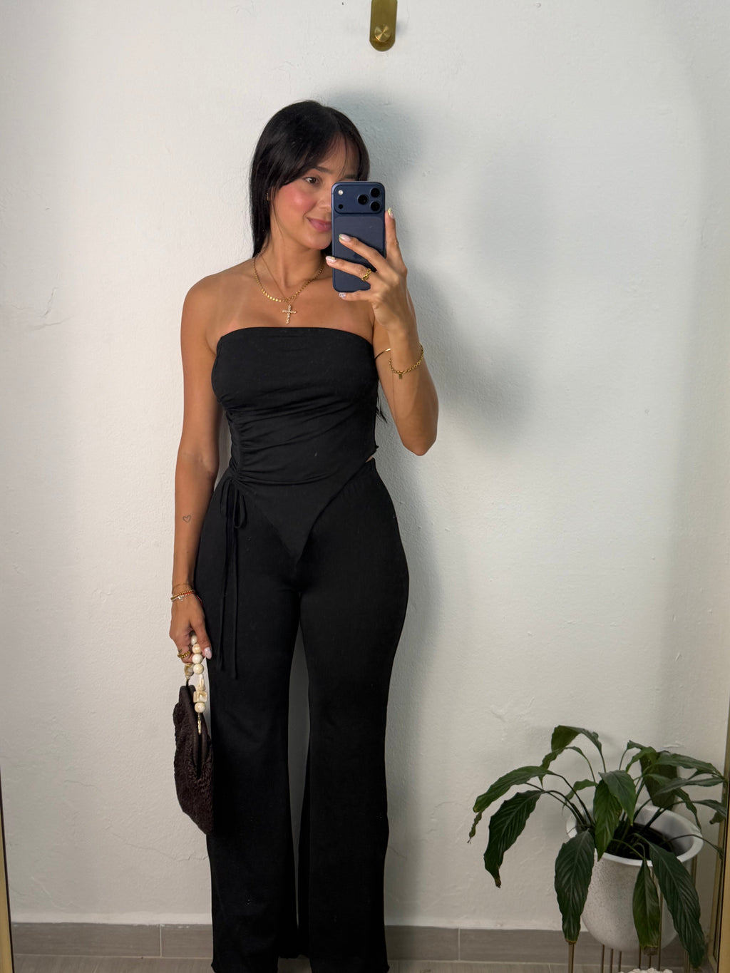 Black Pants And Strapless Top