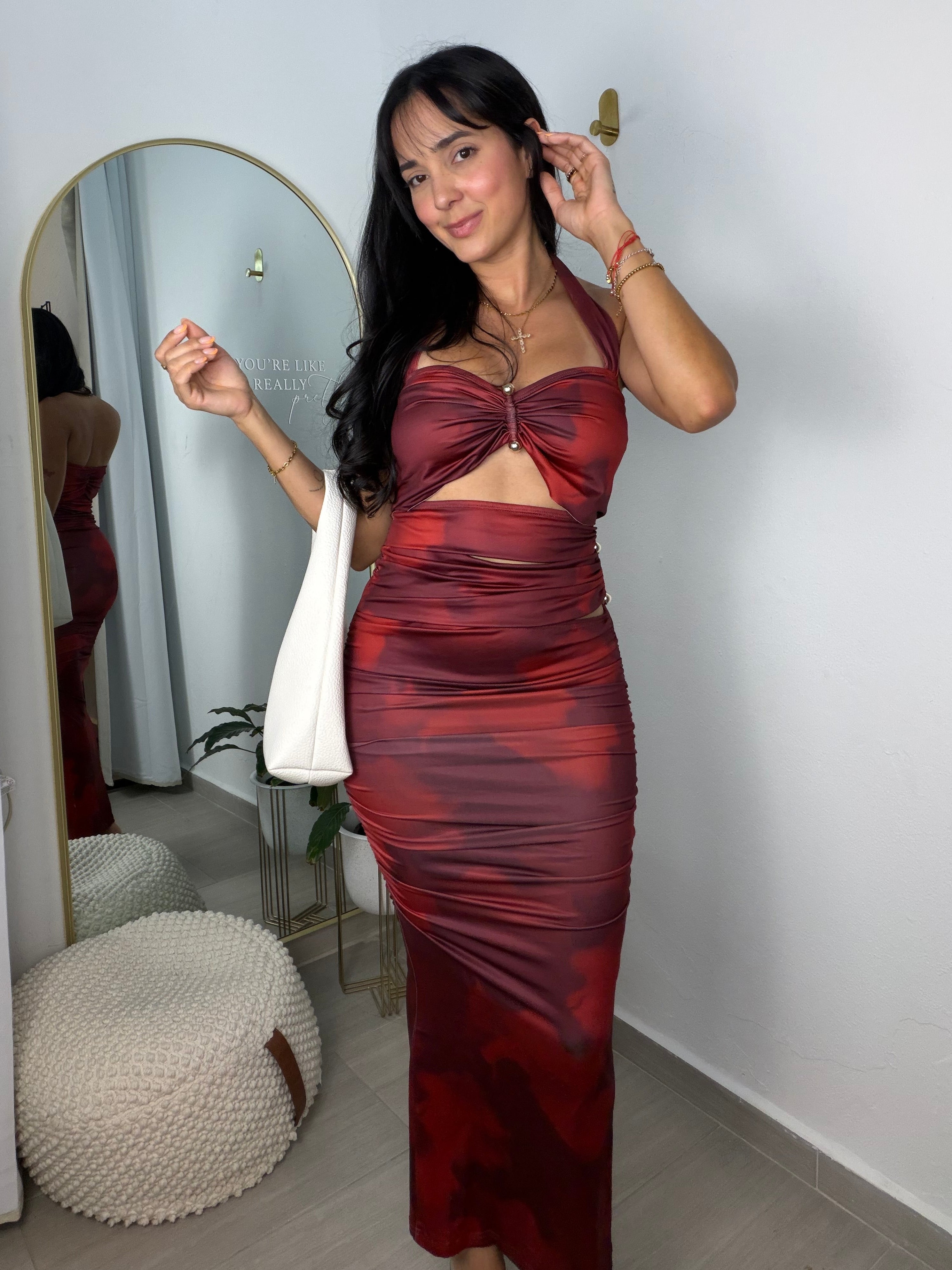 Dark Red Long Skirt Set