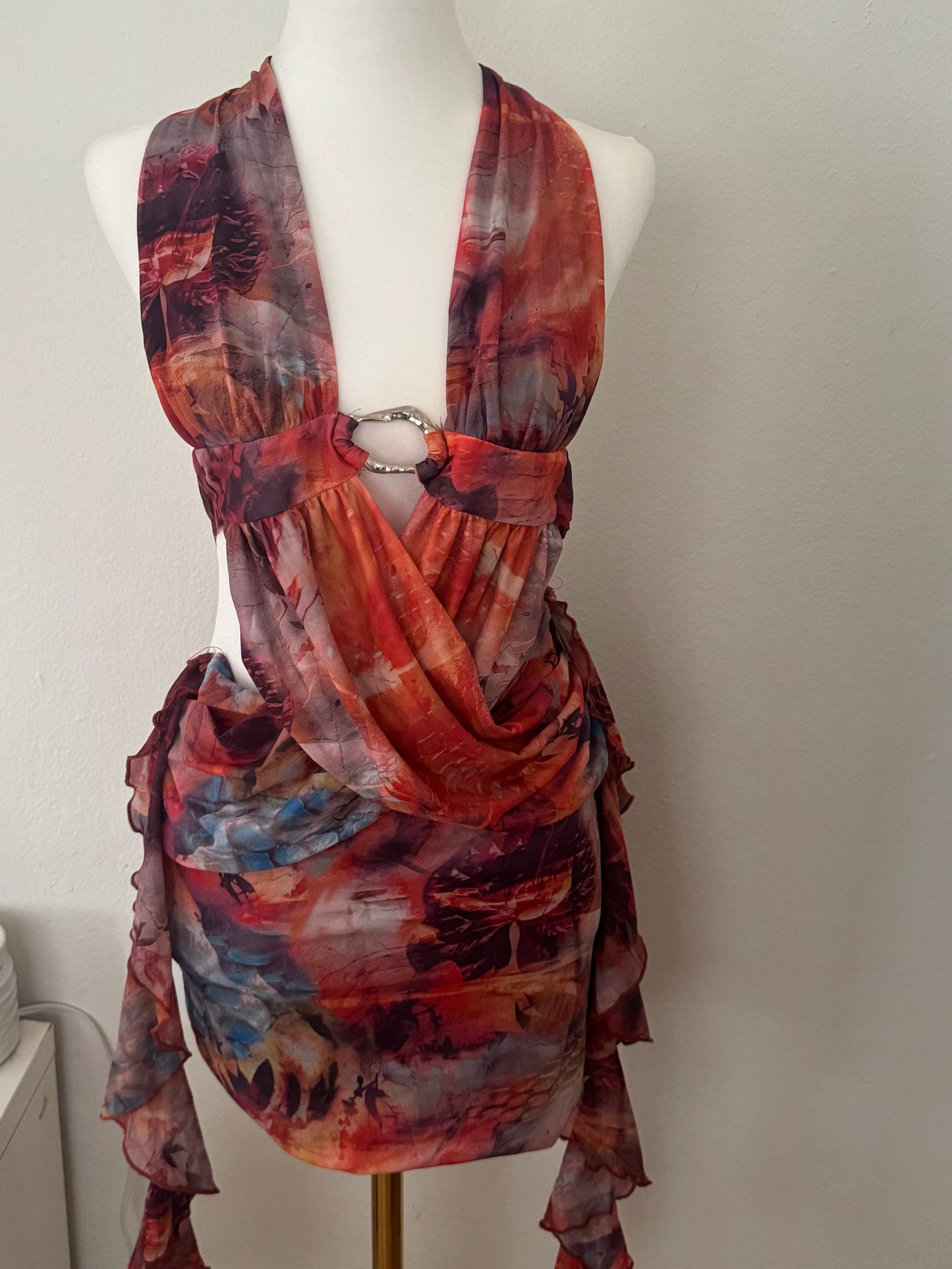 Multicolor Backless Tie-wrap Mini Dress