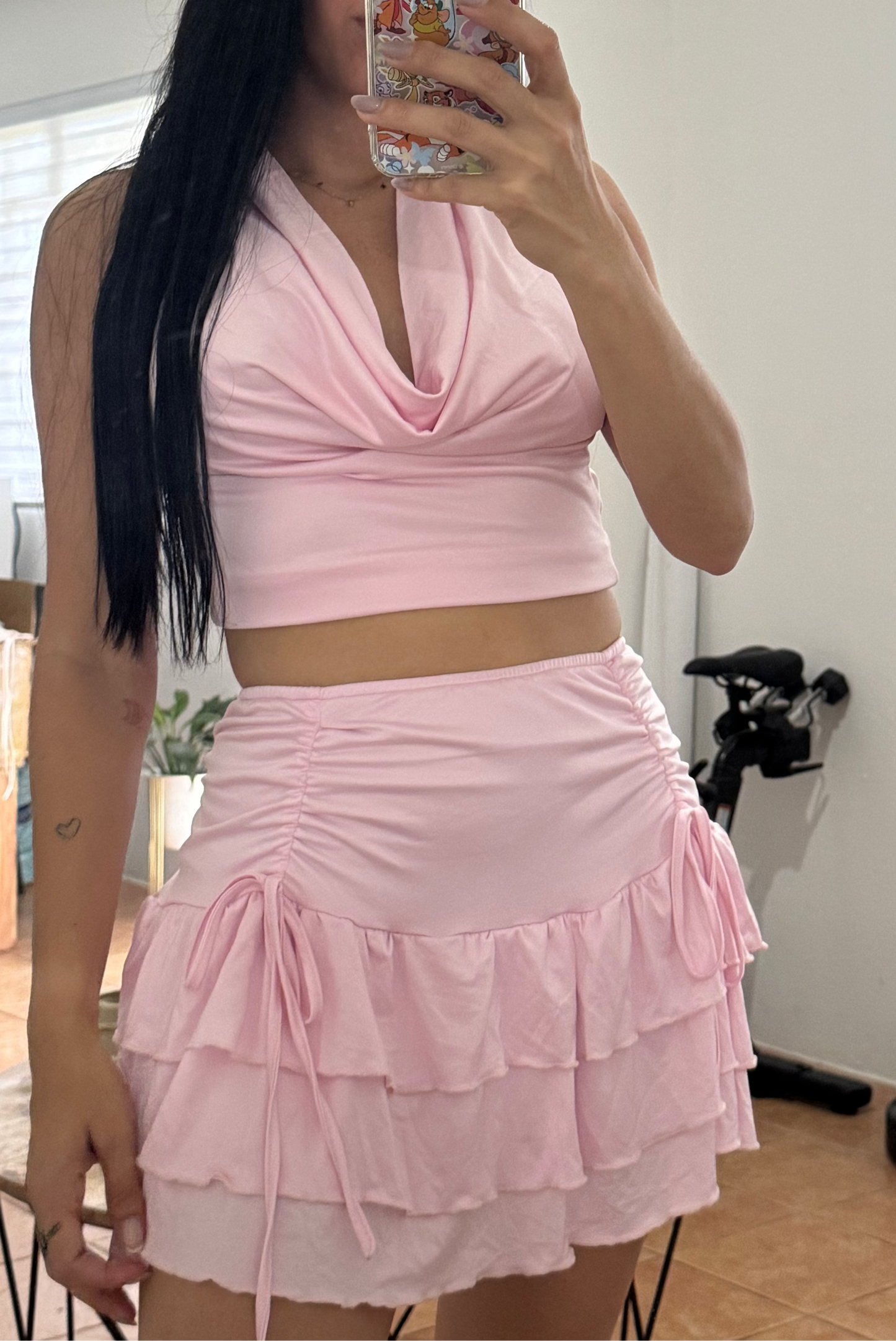 Wing Neck Skirt Sets Pink