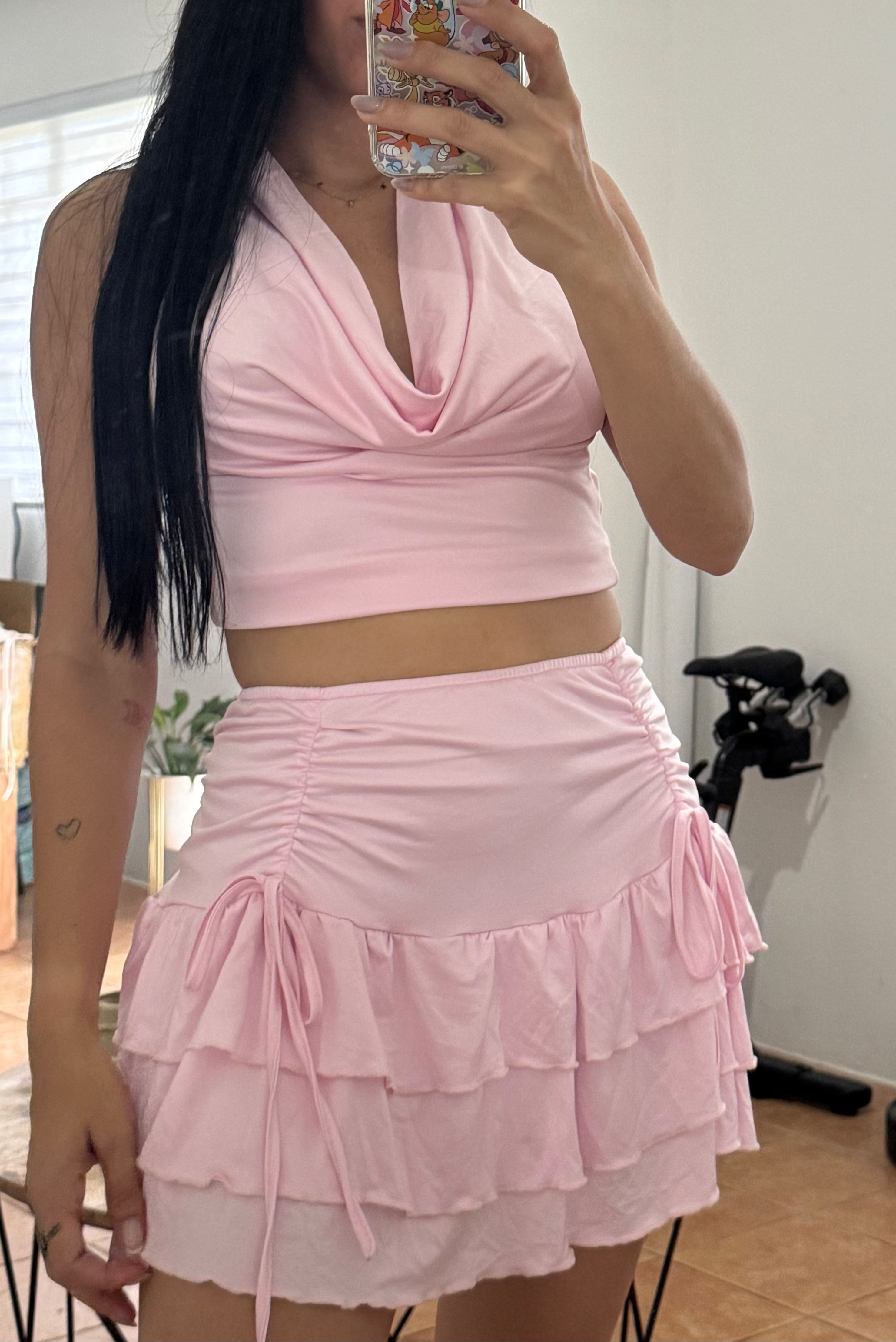 Wing Neck Skirt Sets Pink