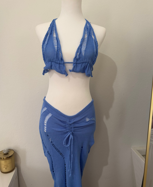 Halter Ruched Skirt Sets Blue