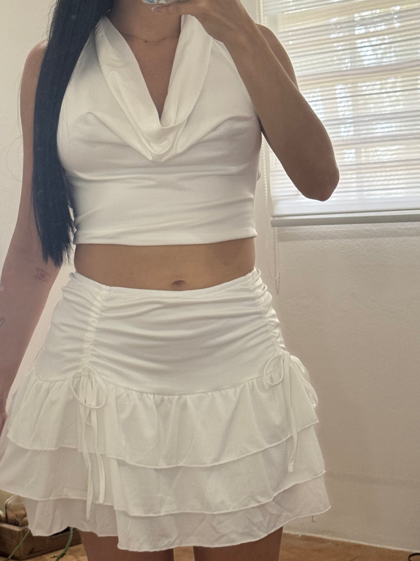 Wing Neck Skirt Sets White