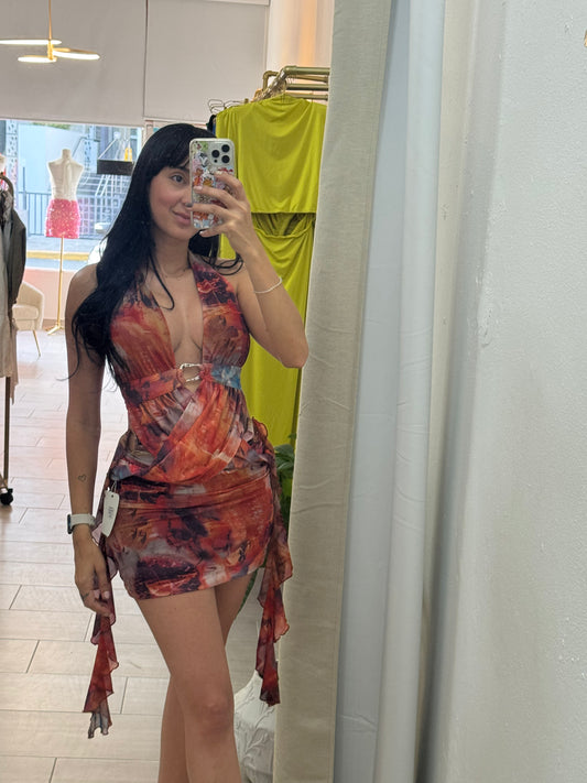 Multicolor Backless Tie-wrap Mini Dress