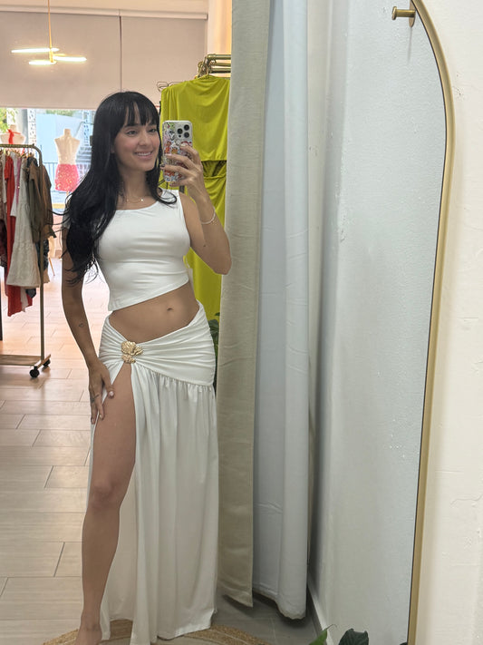 Inclined Shoulder Skirt Sets White