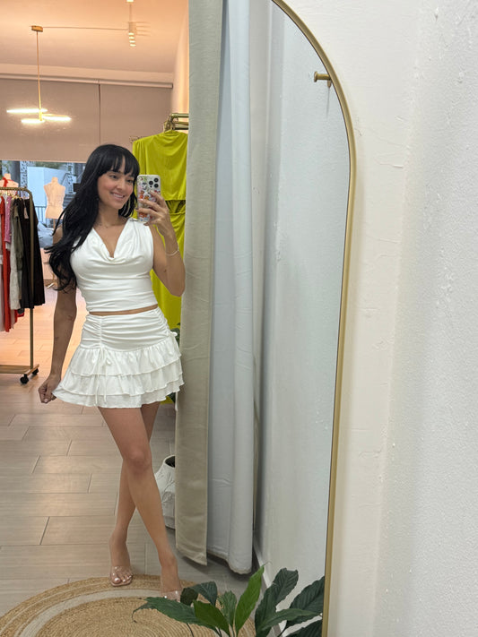 Wing Neck Skirt Sets White
