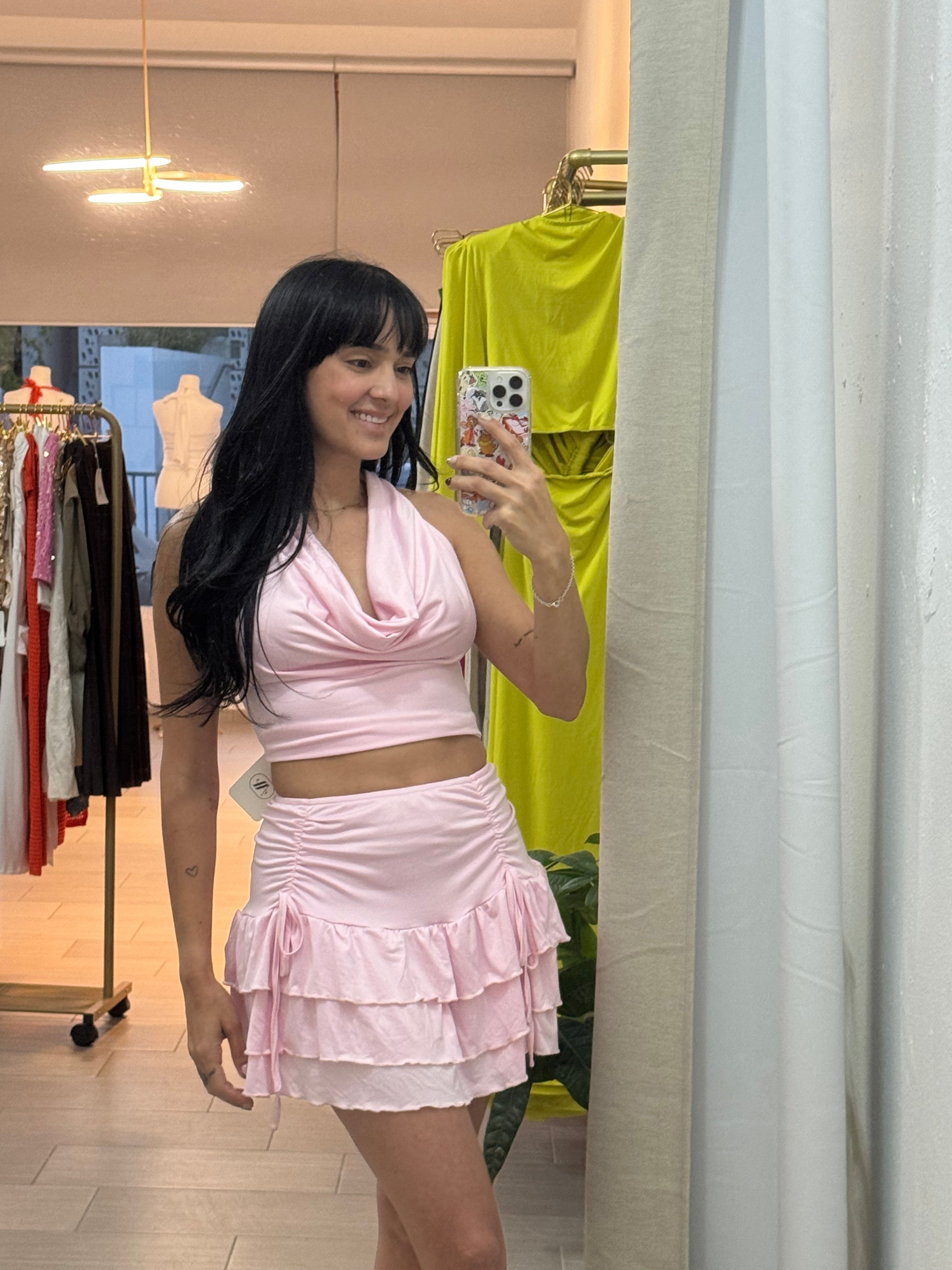 Wing Neck Skirt Sets Pink