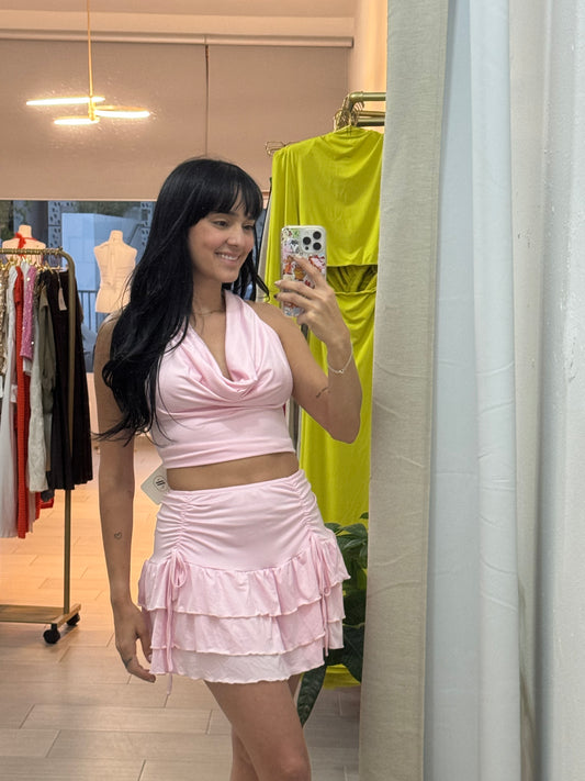 Wing Neck Skirt Sets Pink