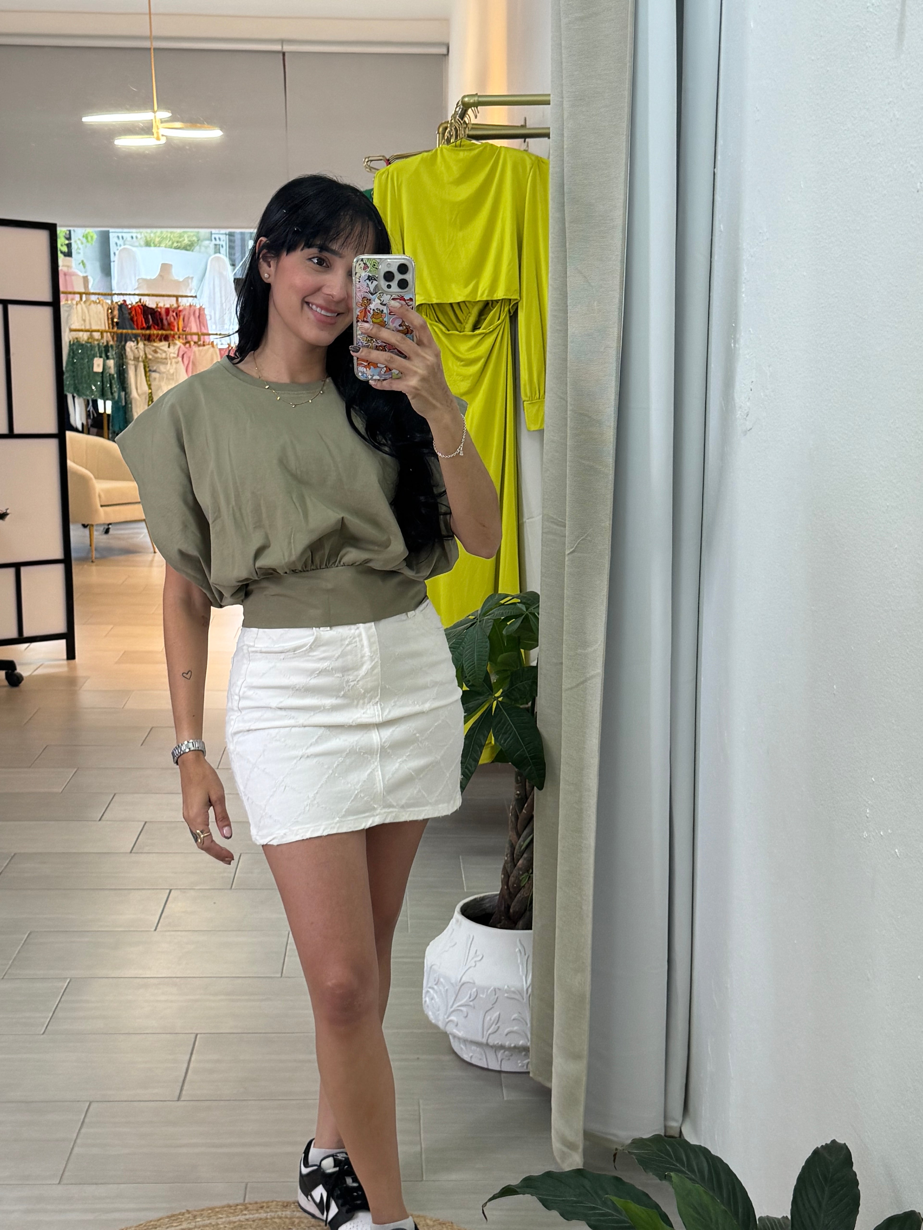 Khaki Knitted and Woven Garnished Blouse