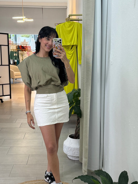 Khaki Knitted and Woven Garnished Blouse