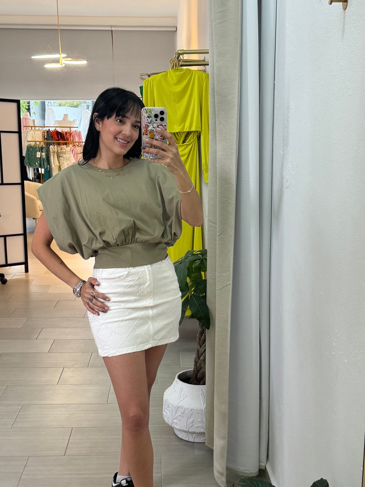 Khaki Knitted and Woven Garnished Blouse