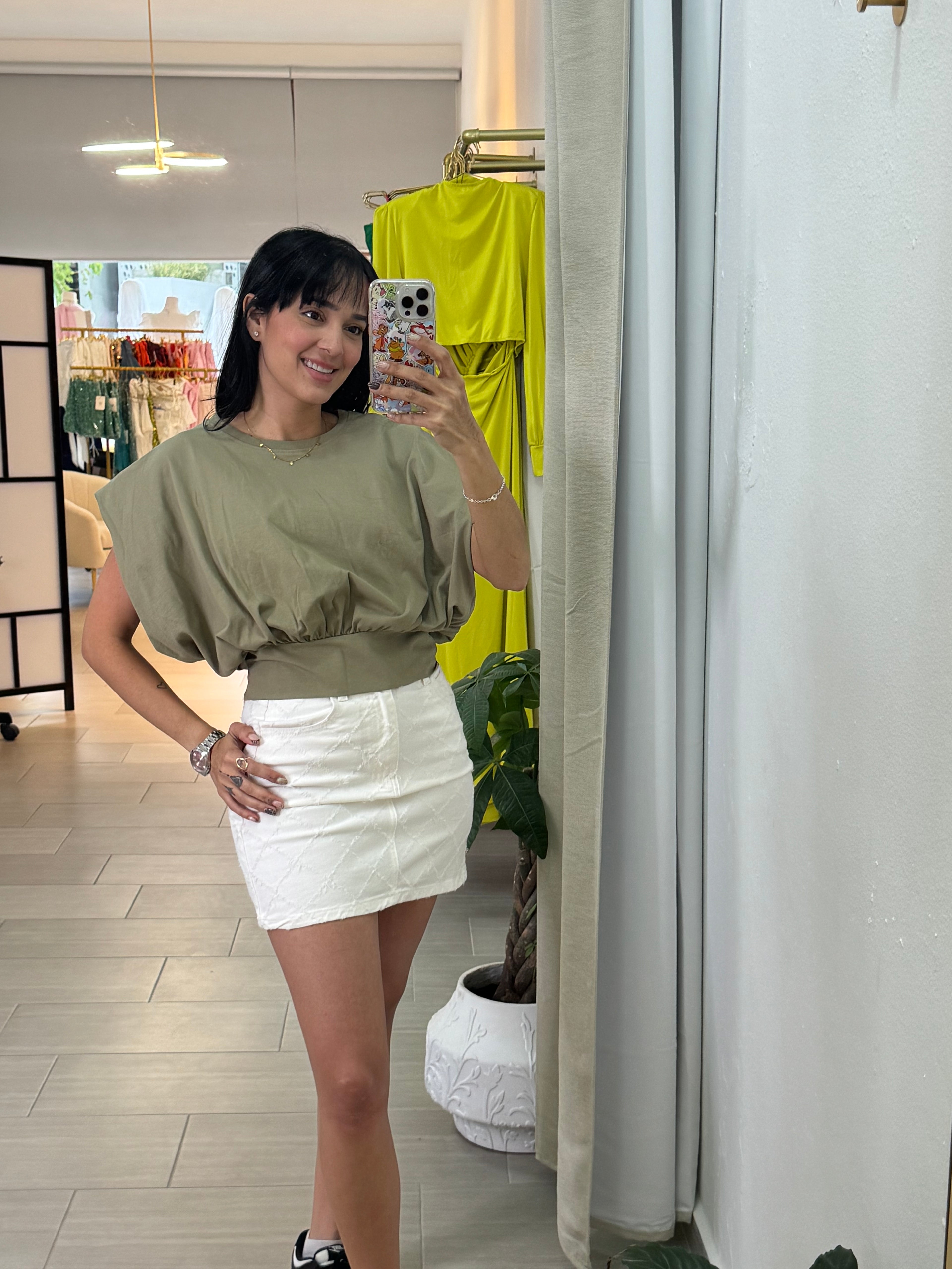 Khaki Knitted and Woven Garnished Blouse