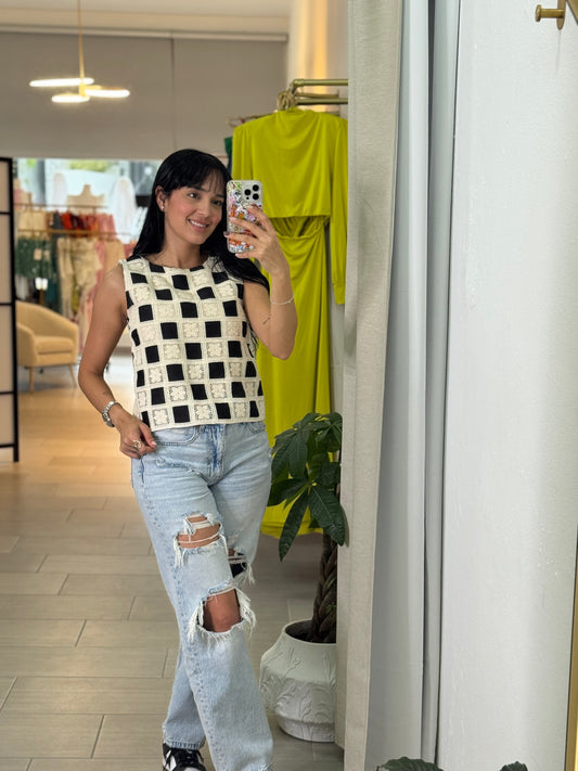 Black Checker Pattern Crochet Blouse