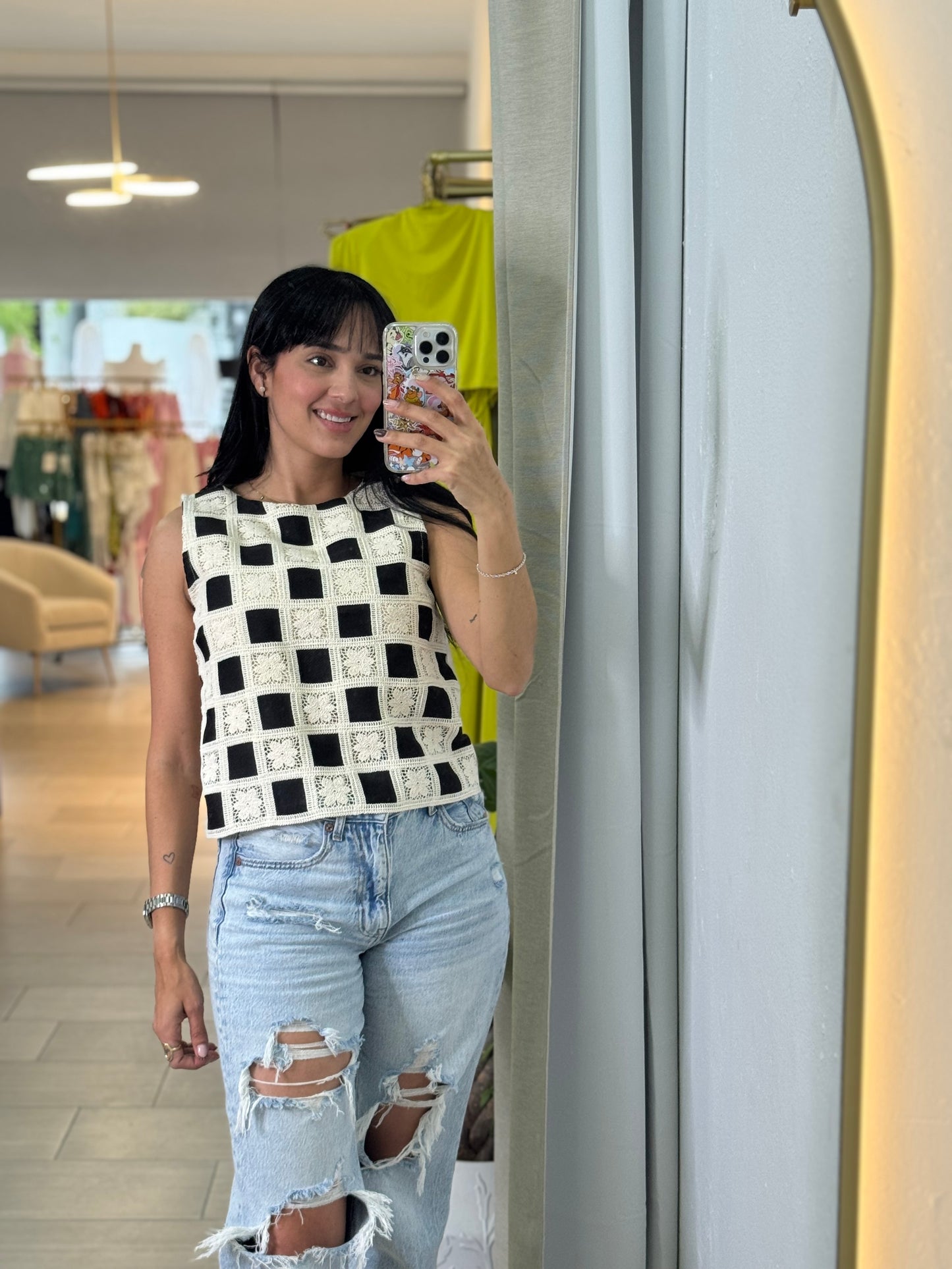 Black Checker Pattern Crochet Blouse