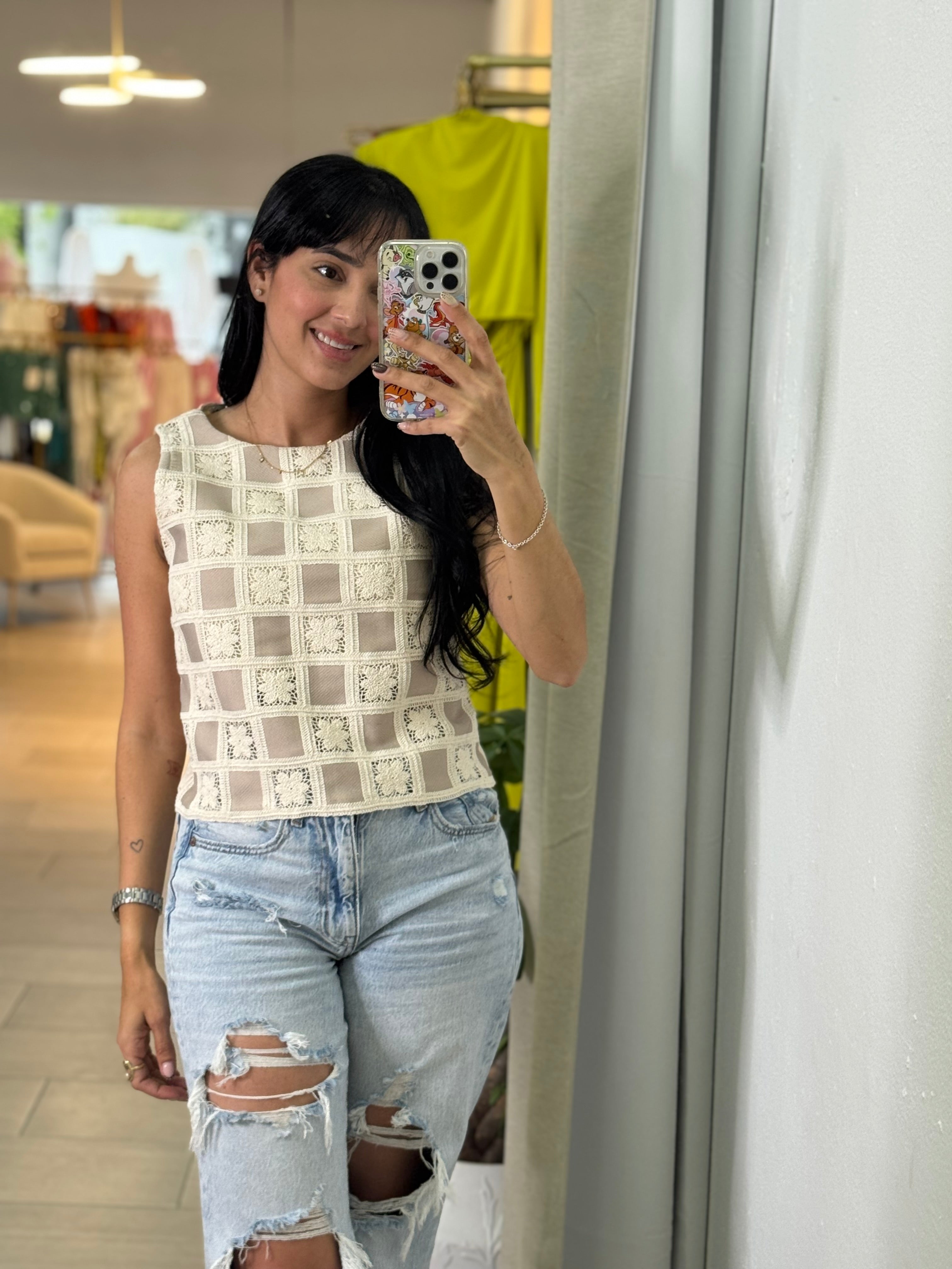 Cream Checkered Pattern Crochet Blouse