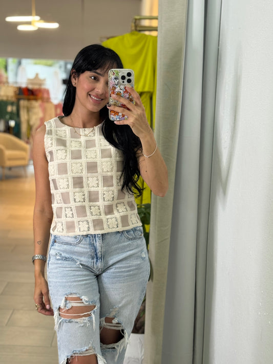Cream Checkered Pattern Crochet Blouse