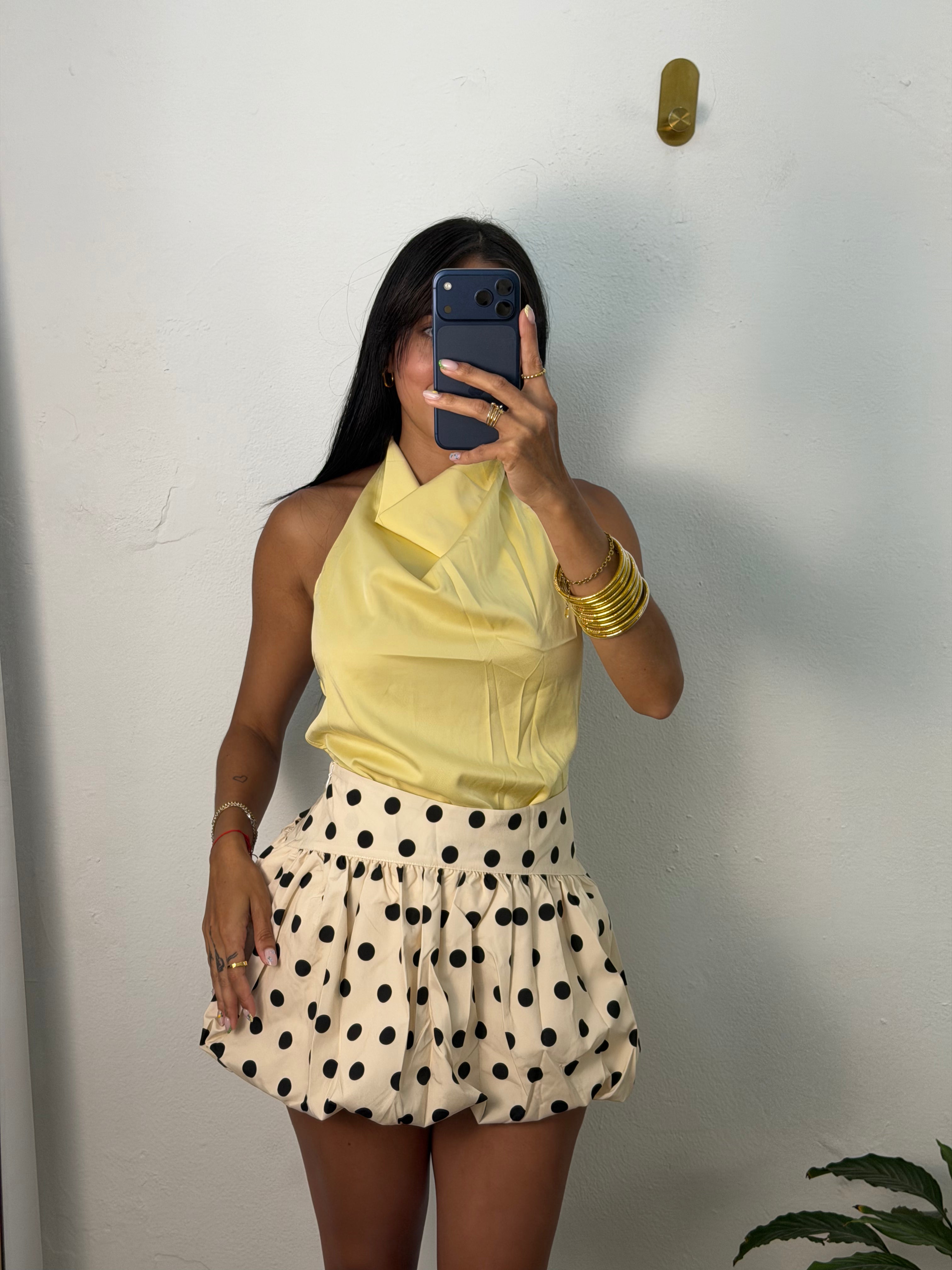 Satin Yellow Halter Top Backless