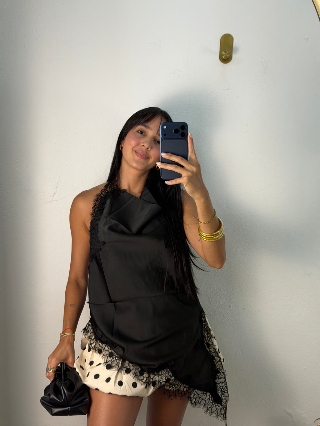 Celeste Black Satin Halter Top