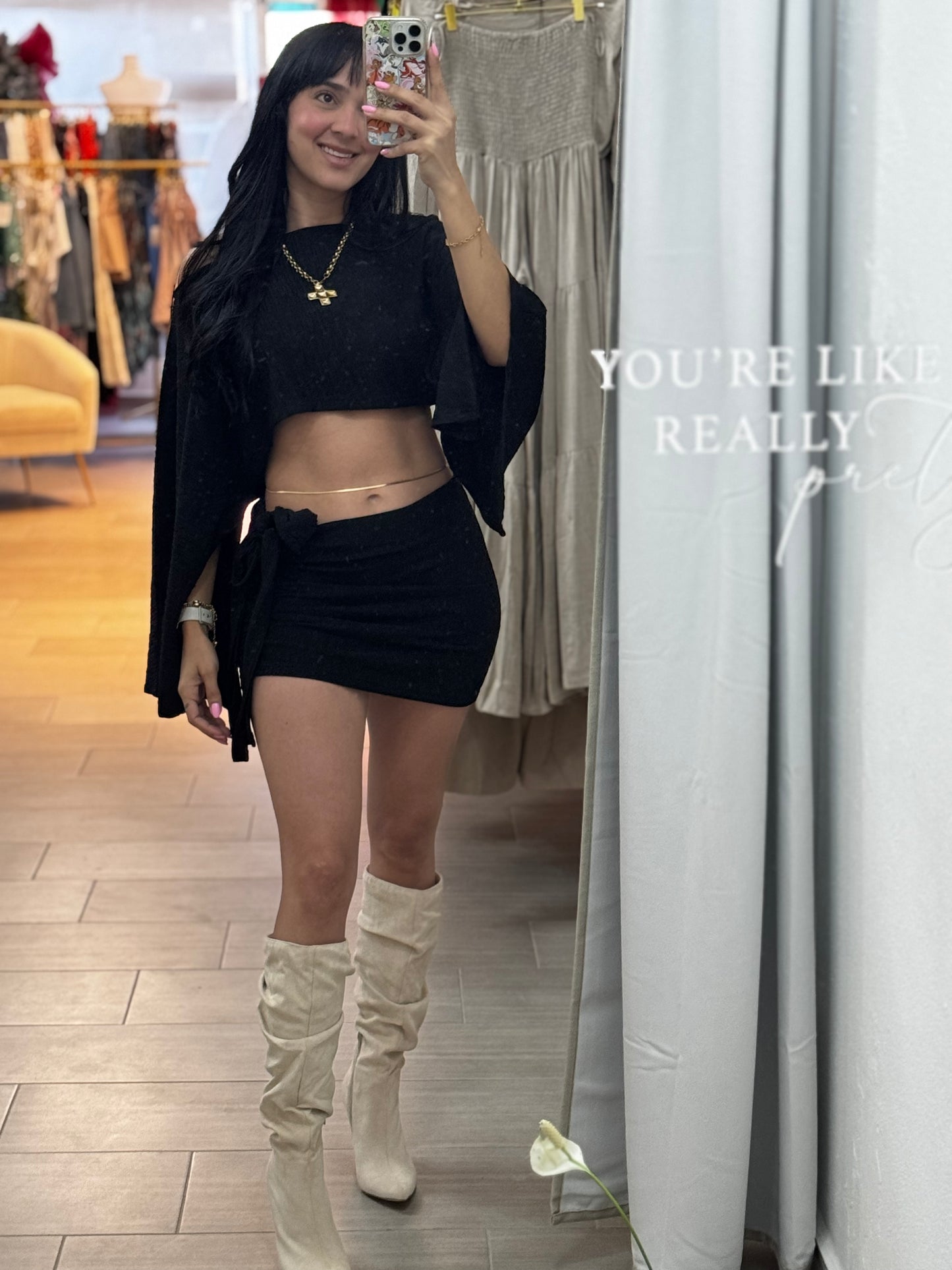 Inclined Shoulder Black Skirt Sets