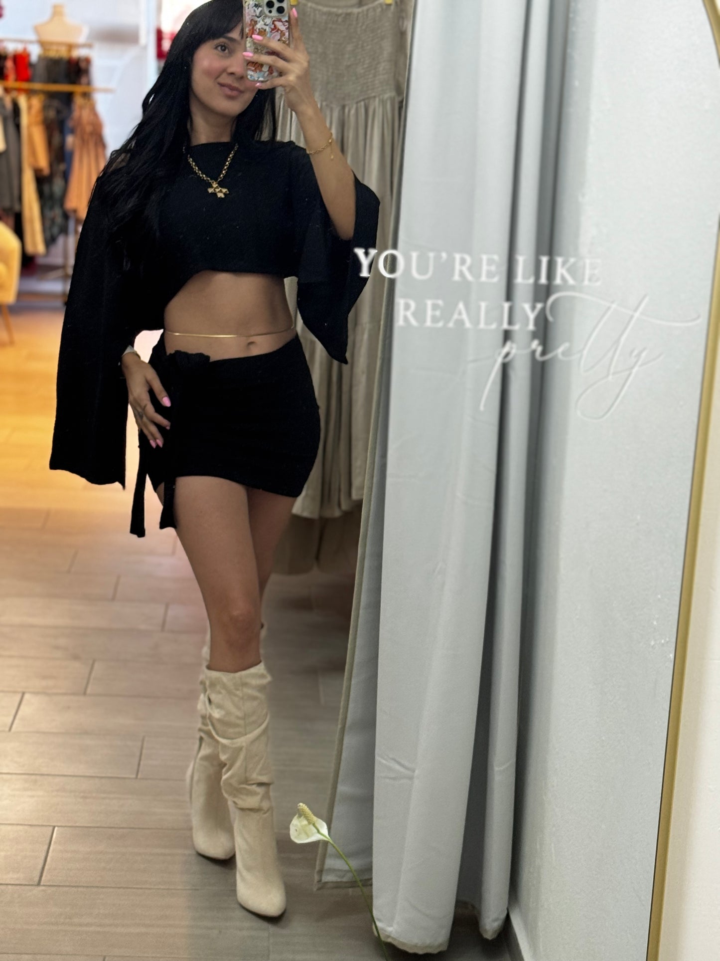 Inclined Shoulder Black Skirt Sets