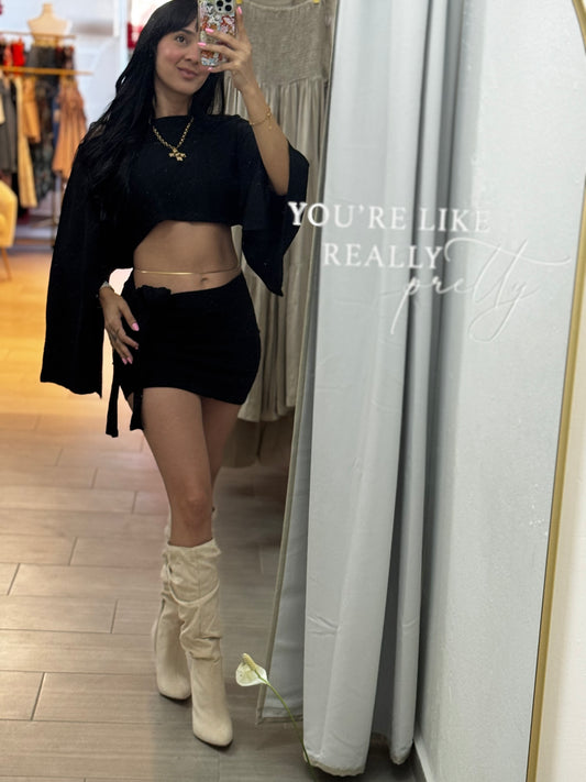 Inclined Shoulder Black Skirt Sets