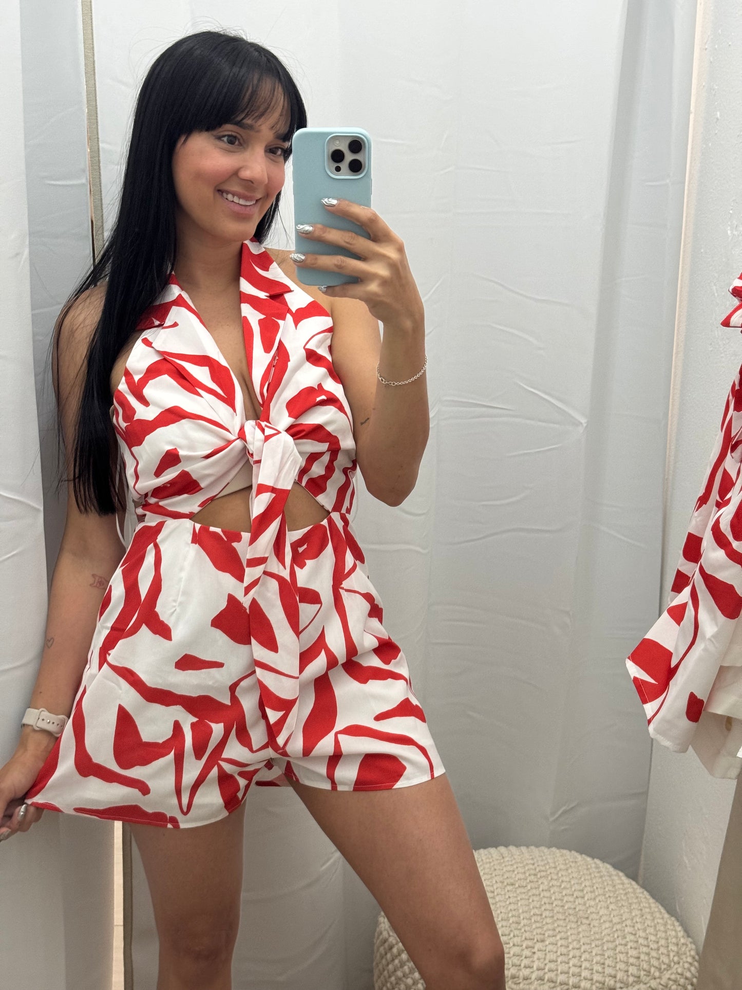 Tie Front Romper Red & White