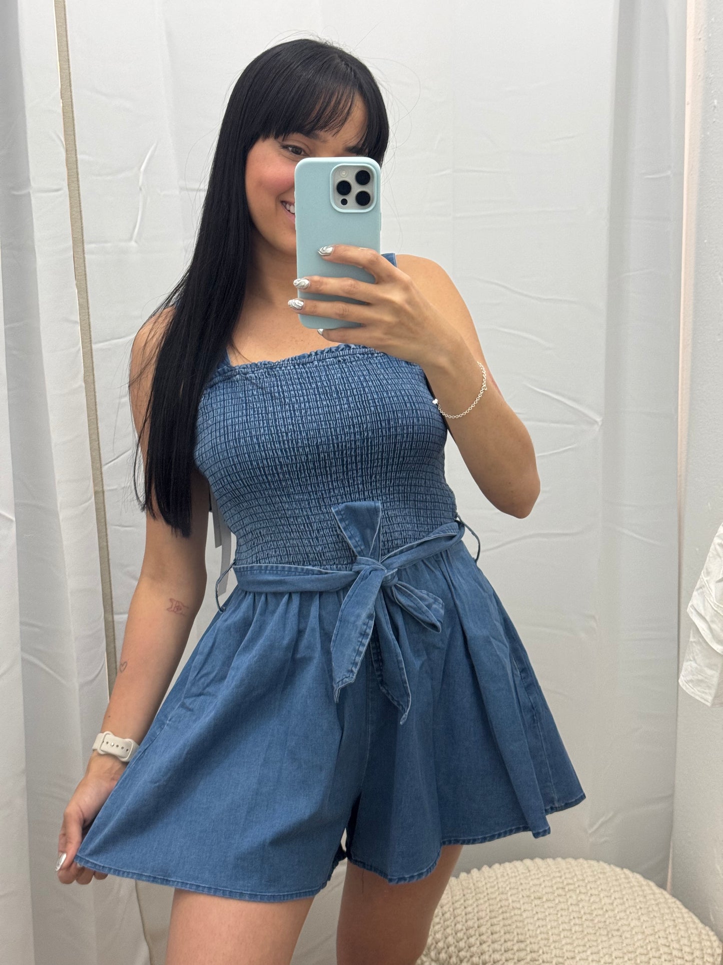 Tie Waist Denim Romper