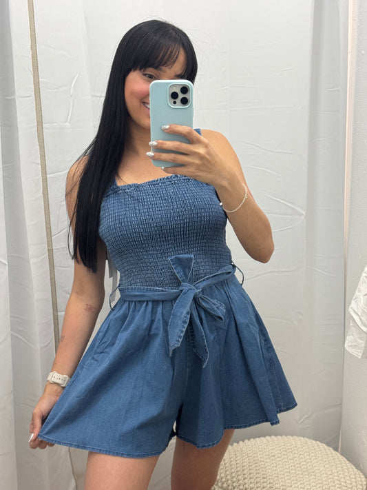 Tie Waist Denim Romper
