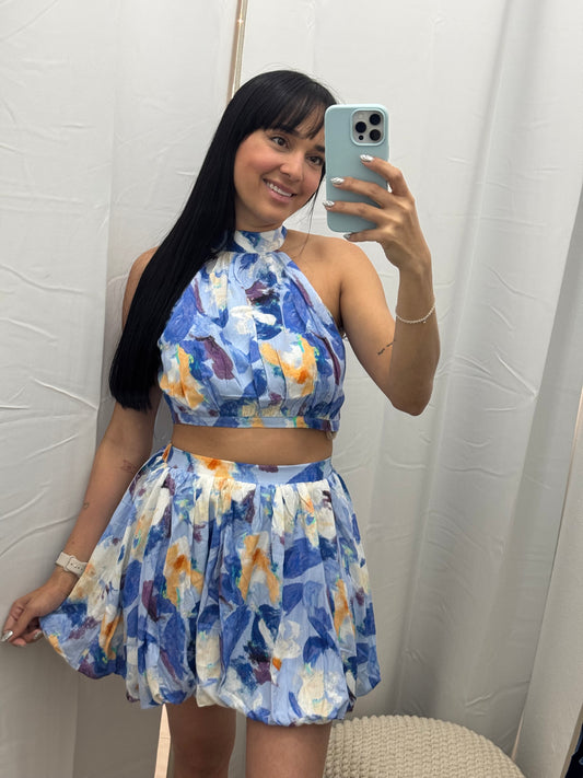 Floral Print Set Skirt Blue