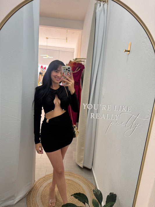 Black Ruched Hollow-out Mini Dress
