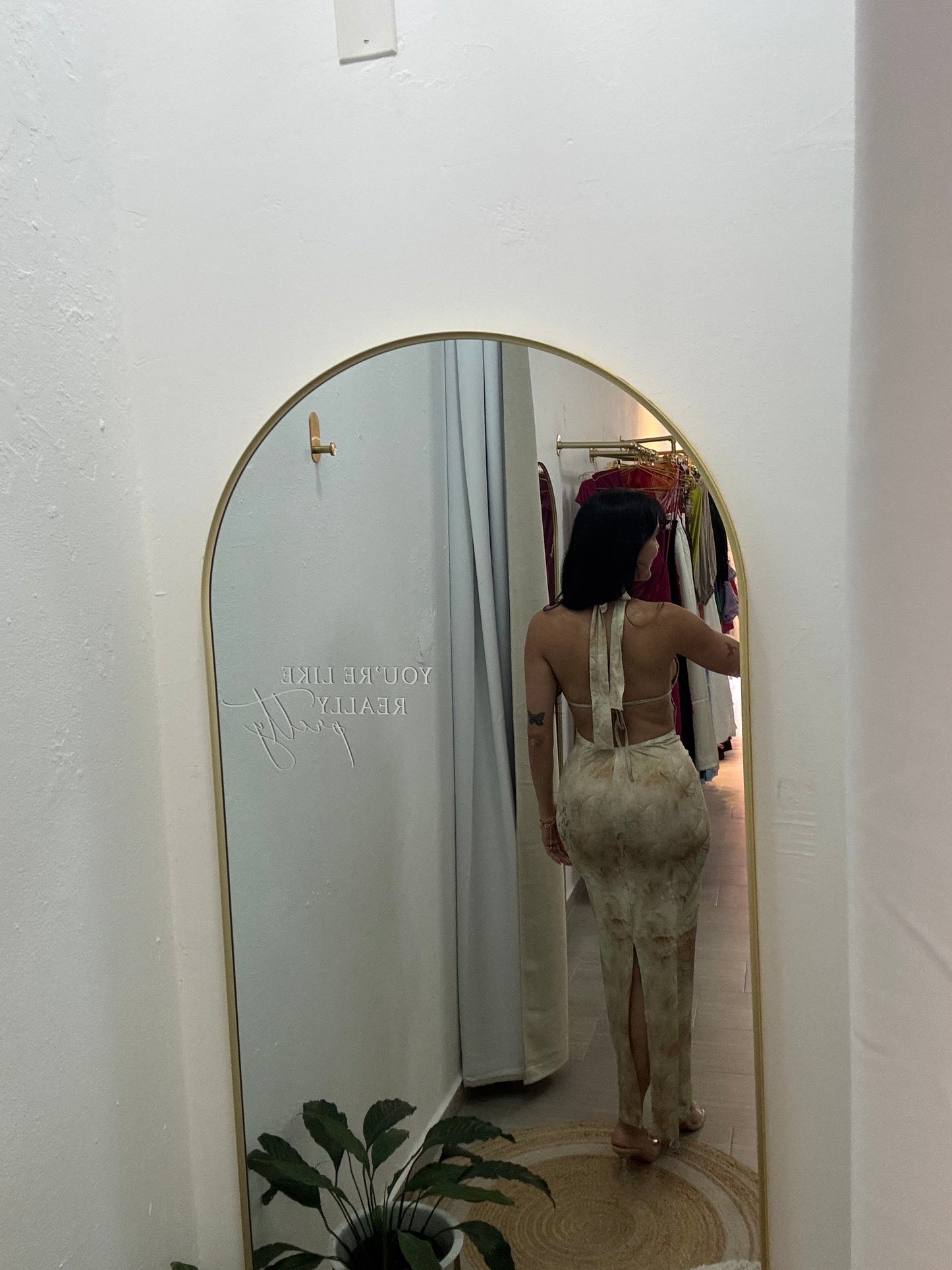 Printed Backless Halter Long Dress Khaki