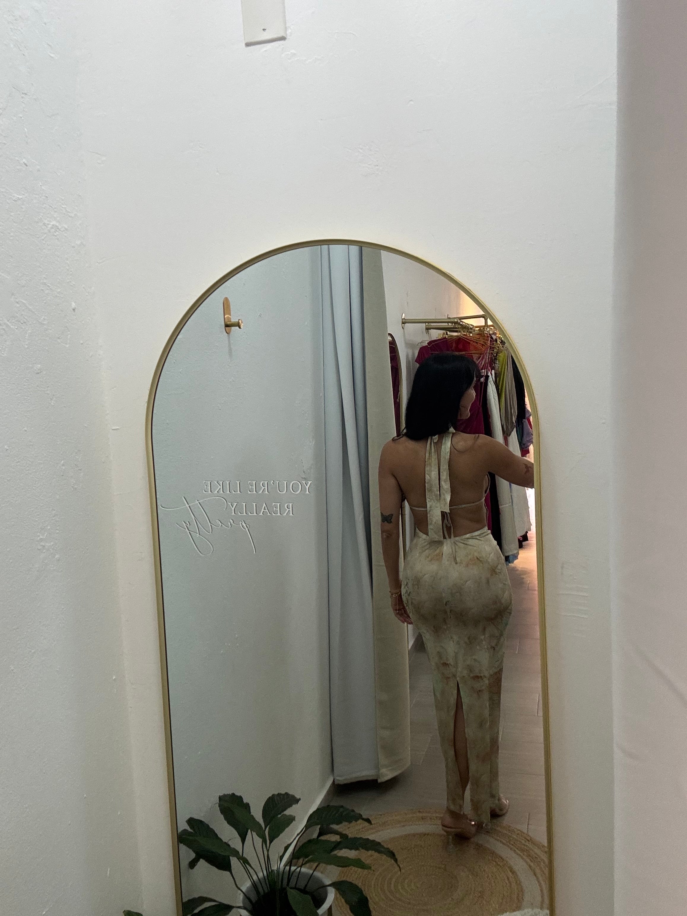 Printed Backless Halter Long Dress Khaki